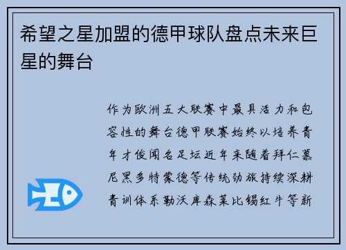 希望之星加盟的德甲球队盘点未来巨星的舞台